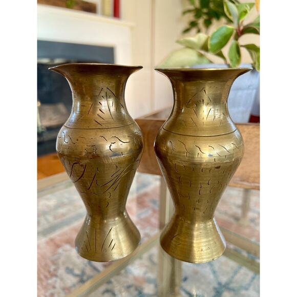 Vintage Brass Vases, Gold Vase, Bohemian, Etched Bud Vases, Wildflower Vases - Picture 2 of 10